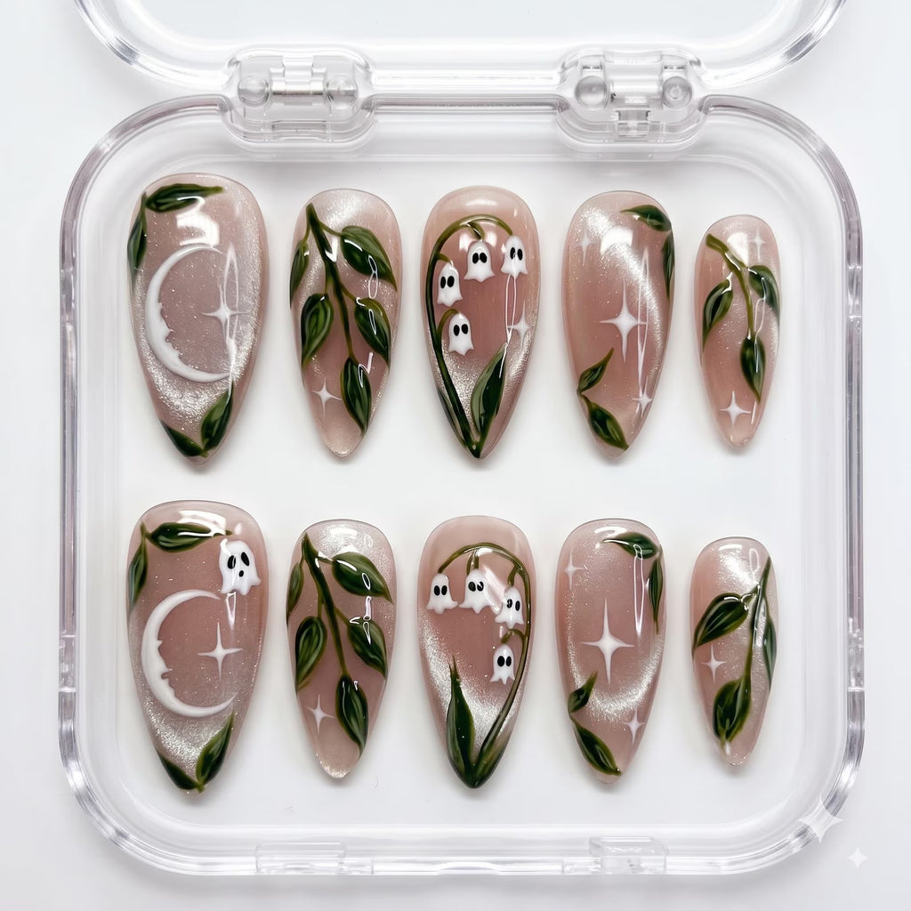 Ghost Floral Press on Nails, Lily Valley Hand Painted Nails, Green Leaf Fake Nails, Handmade Cute Nails, Gifts for Her
