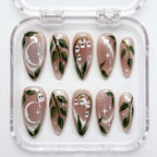 Ghost Floral Press on Nails, Lily Valley Hand Painted Nails, Green Leaf Fake Nails, Handmade Cute Nails, Gifts for Her