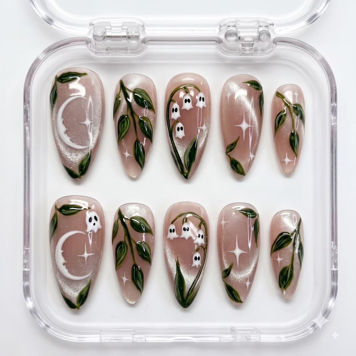 Ghost Floral Press on Nails, Lily Valley Hand Painted Nails, Green Leaf Fake Nails, Handmade Cute Nails, Gifts for Her