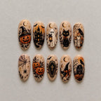 Spooky Halloween Pumpkin Witch Hat Ghost Black Cat Coffin Press On Nails | 3D Candle Raven Tombstone Fake Nails