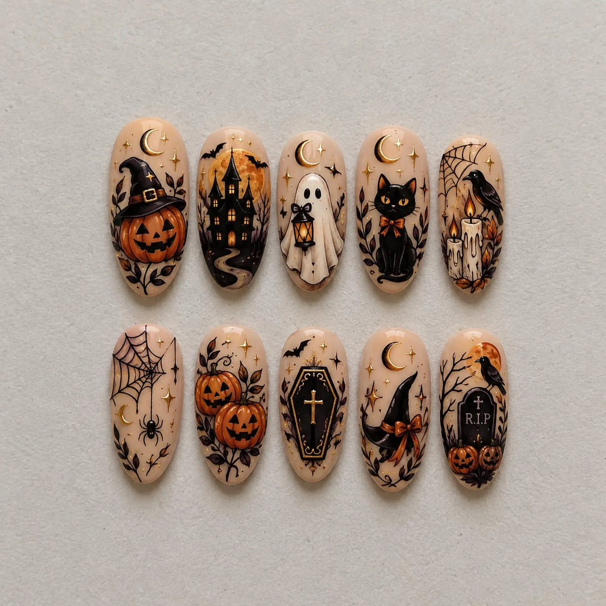 Spooky Halloween Pumpkin Witch Hat Ghost Black Cat Coffin Press On Nails | 3D Candle Raven Tombstone Fake Nails