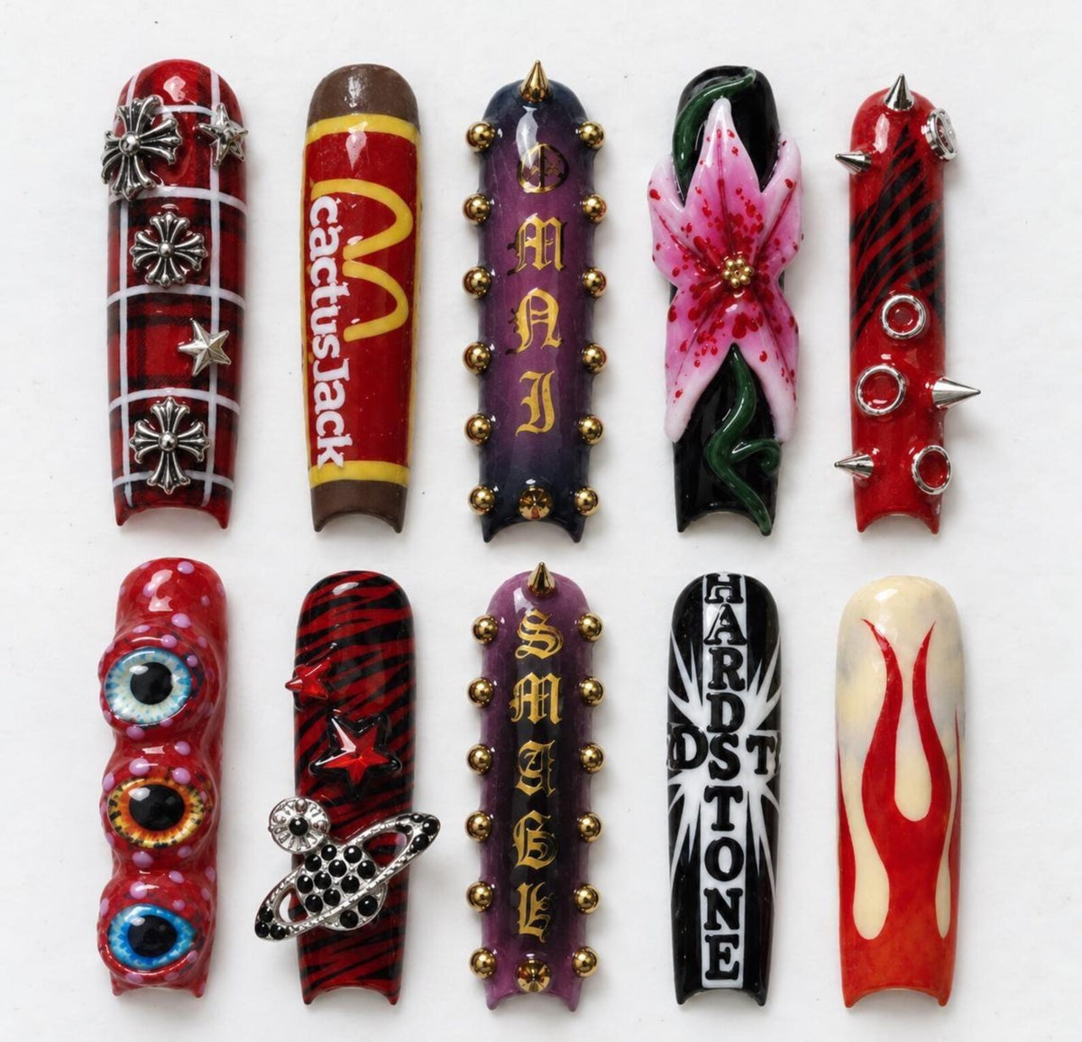Rock Festival Collage Press On Nails｜Guitar Eyeball Flower Flame Nail Set｜Maximal Pop Punk Coffin Tips｜Alt Graphic Reusable Glue On Nails